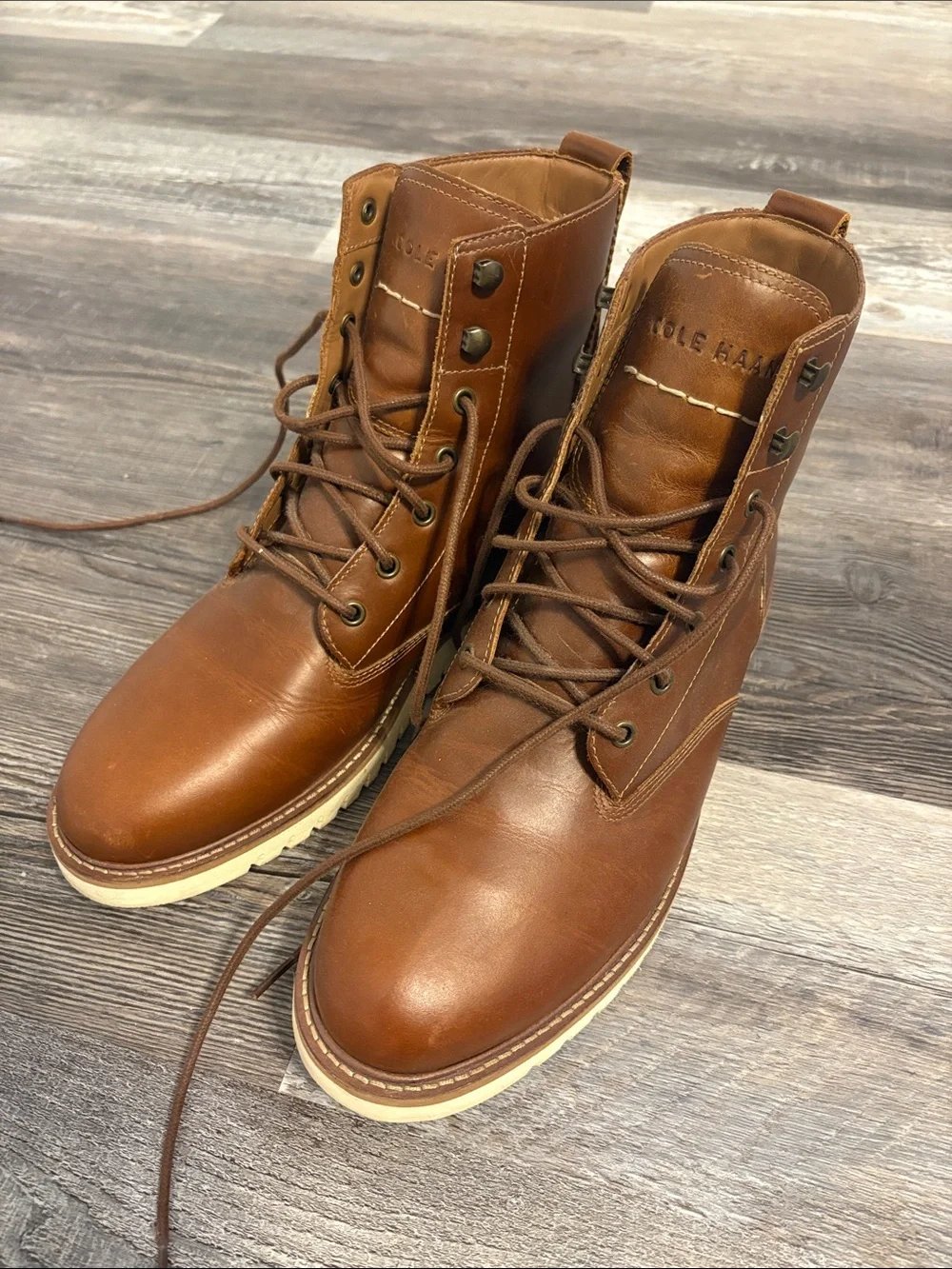 Cole Haan Men's Tan Leather Lace-Up Work Boots with Cream Sole
